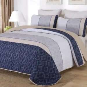 Cottolester Boho Quilt Set Queen Size 3 Pieces,Khaki and Navy Blue Striped Bedspread Coverlet Set,Bohemian Bedding Set Soft Microfiber Bedding Set for All Season 96"x90"