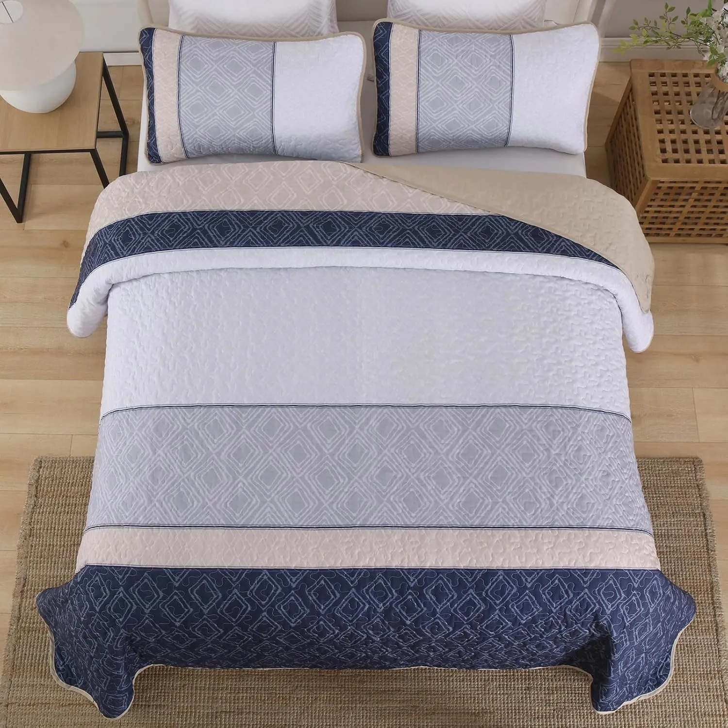 Cottolester Boho Quilt Set Queen Size 3 Pieces,Khaki and Navy Blue Striped Bedspread Coverlet Set,Bohemian Bedding Set Soft Microfiber Bedding Set for All Season 96"x90"