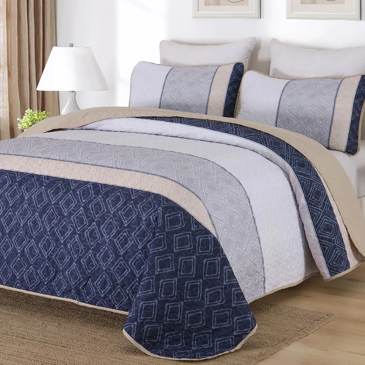 Cottolester Boho Quilt Set Queen Size 3 Pieces,Khaki and Navy Blue Striped Bedspread Coverlet Set,Bohemian Bedding Set Soft Microfiber Bedding Set for All Season 96"x90"