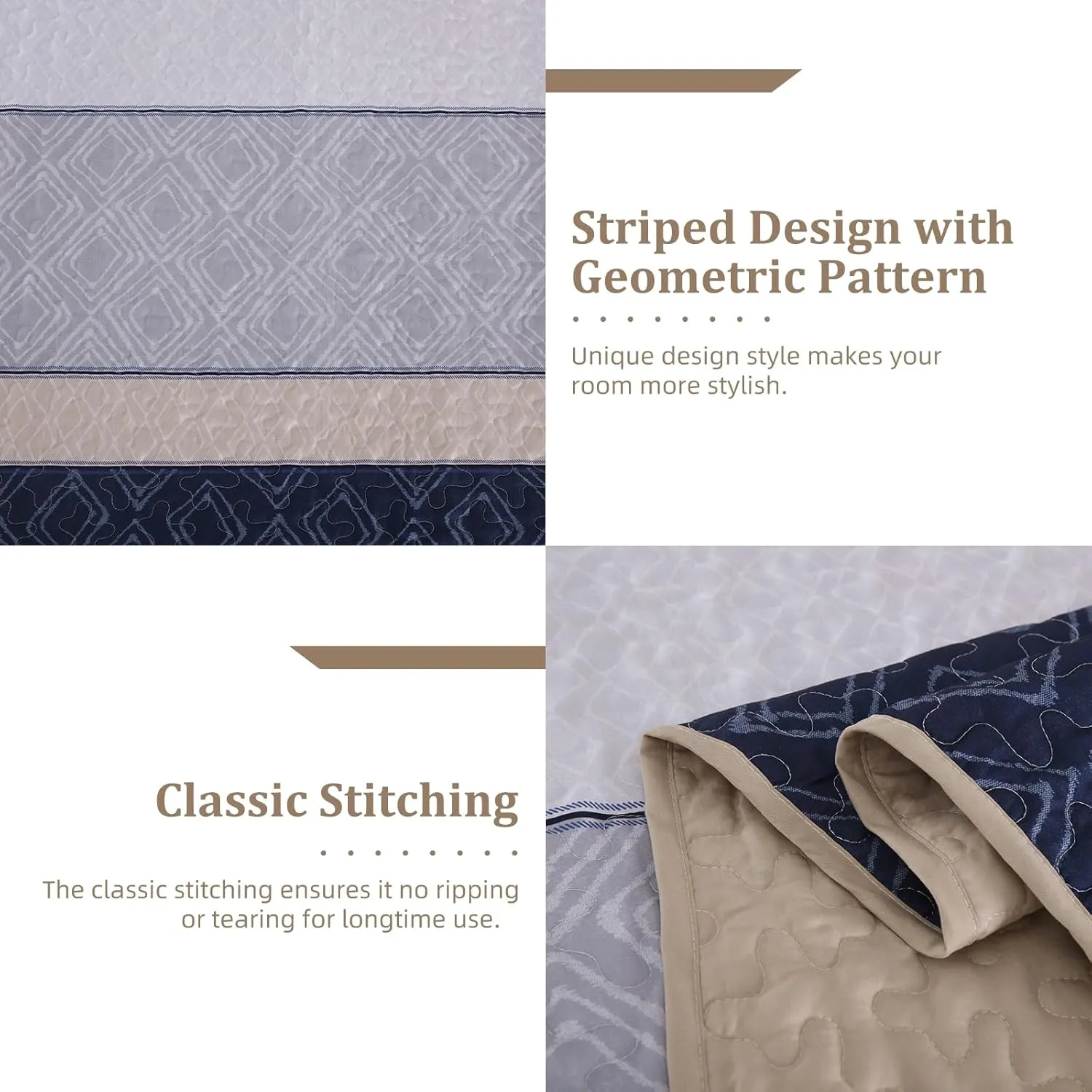 Cottolester Boho Quilt Set Queen Size 3 Pieces,Khaki and Navy Blue Striped Bedspread Coverlet Set,Bohemian Bedding Set Soft Microfiber Bedding Set for All Season 96"x90"