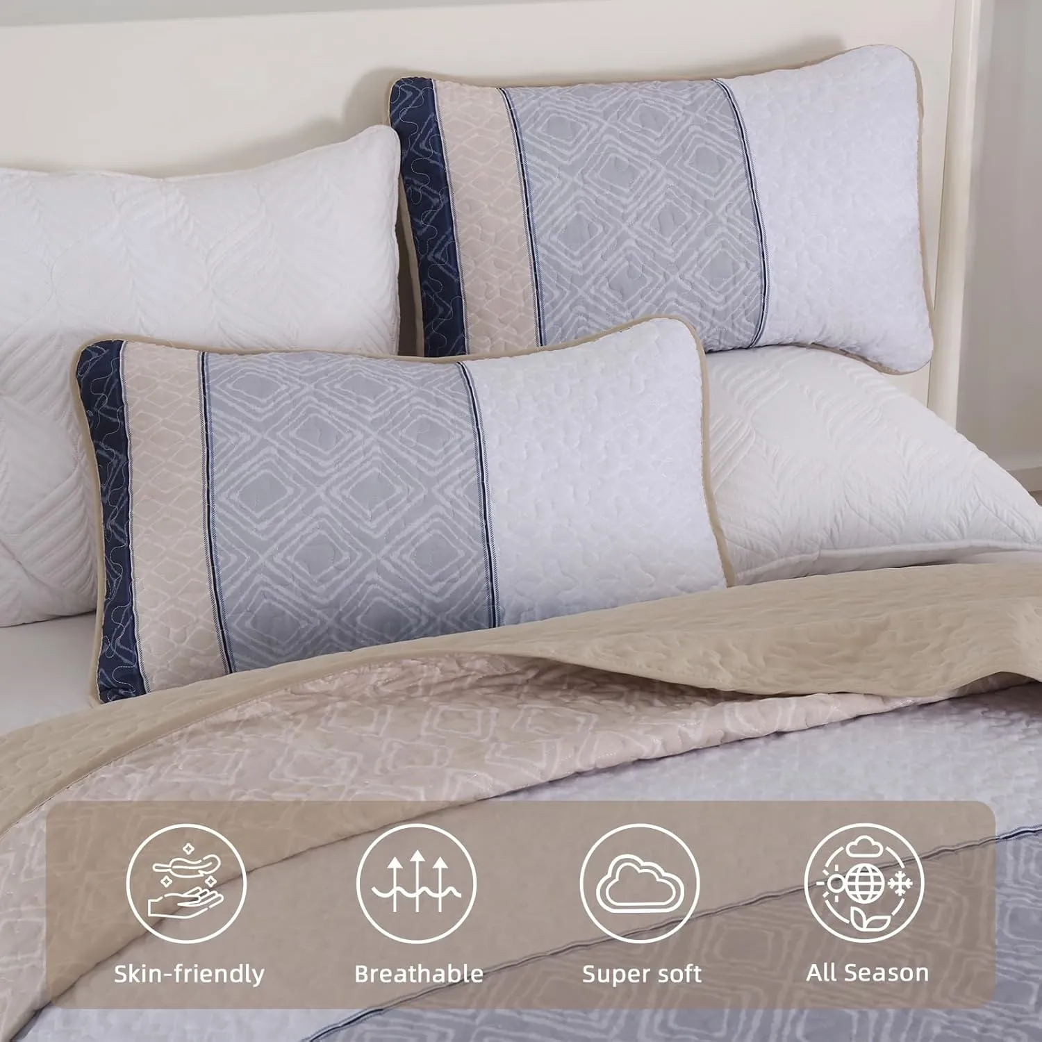 Cottolester Boho Quilt Set Queen Size 3 Pieces,Khaki and Navy Blue Striped Bedspread Coverlet Set,Bohemian Bedding Set Soft Microfiber Bedding Set for All Season 96"x90"