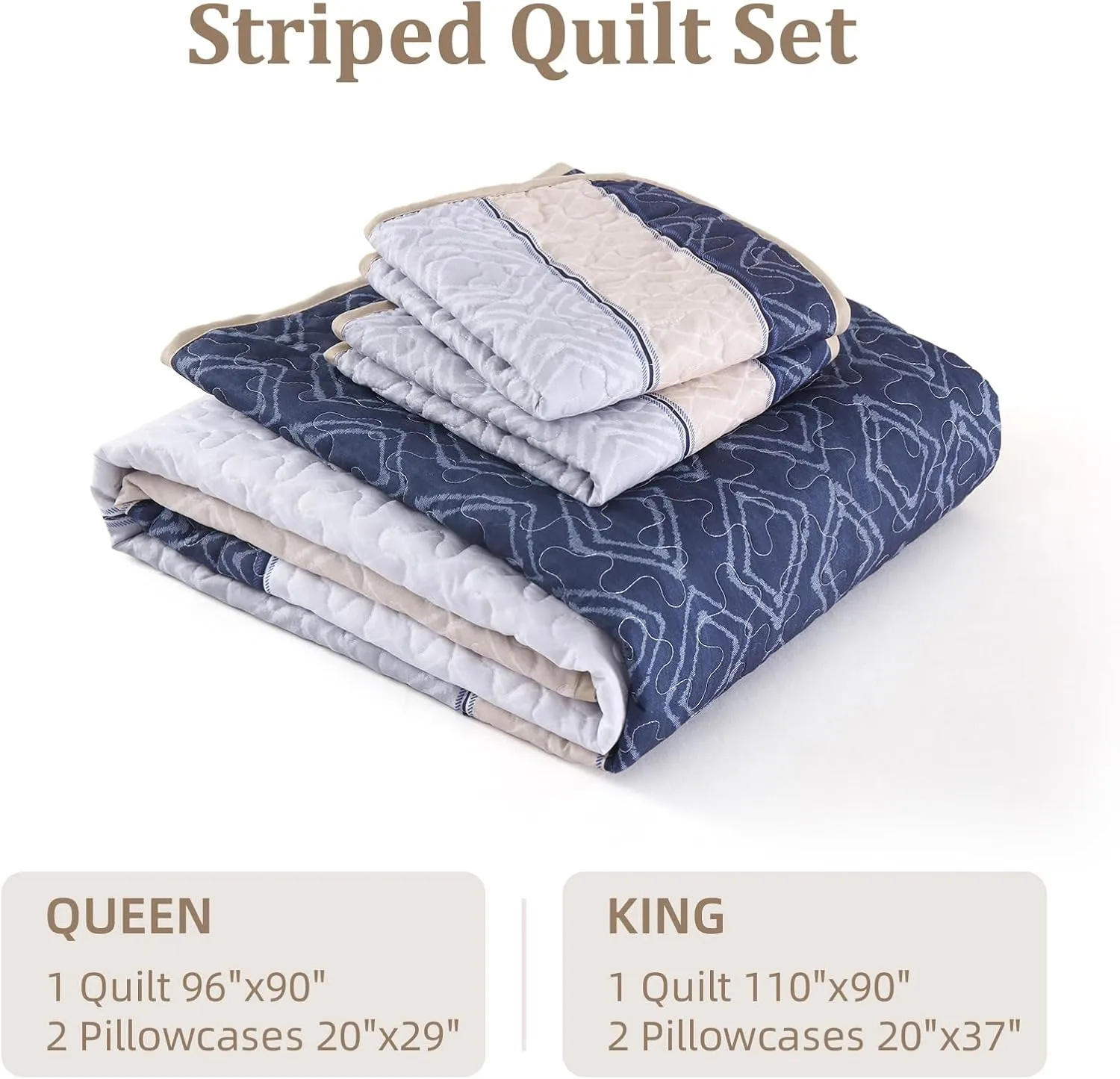 Cottolester Boho Quilt Set Queen Size 3 Pieces,Khaki and Navy Blue Striped Bedspread Coverlet Set,Bohemian Bedding Set Soft Microfiber Bedding Set for All Season 96"x90"