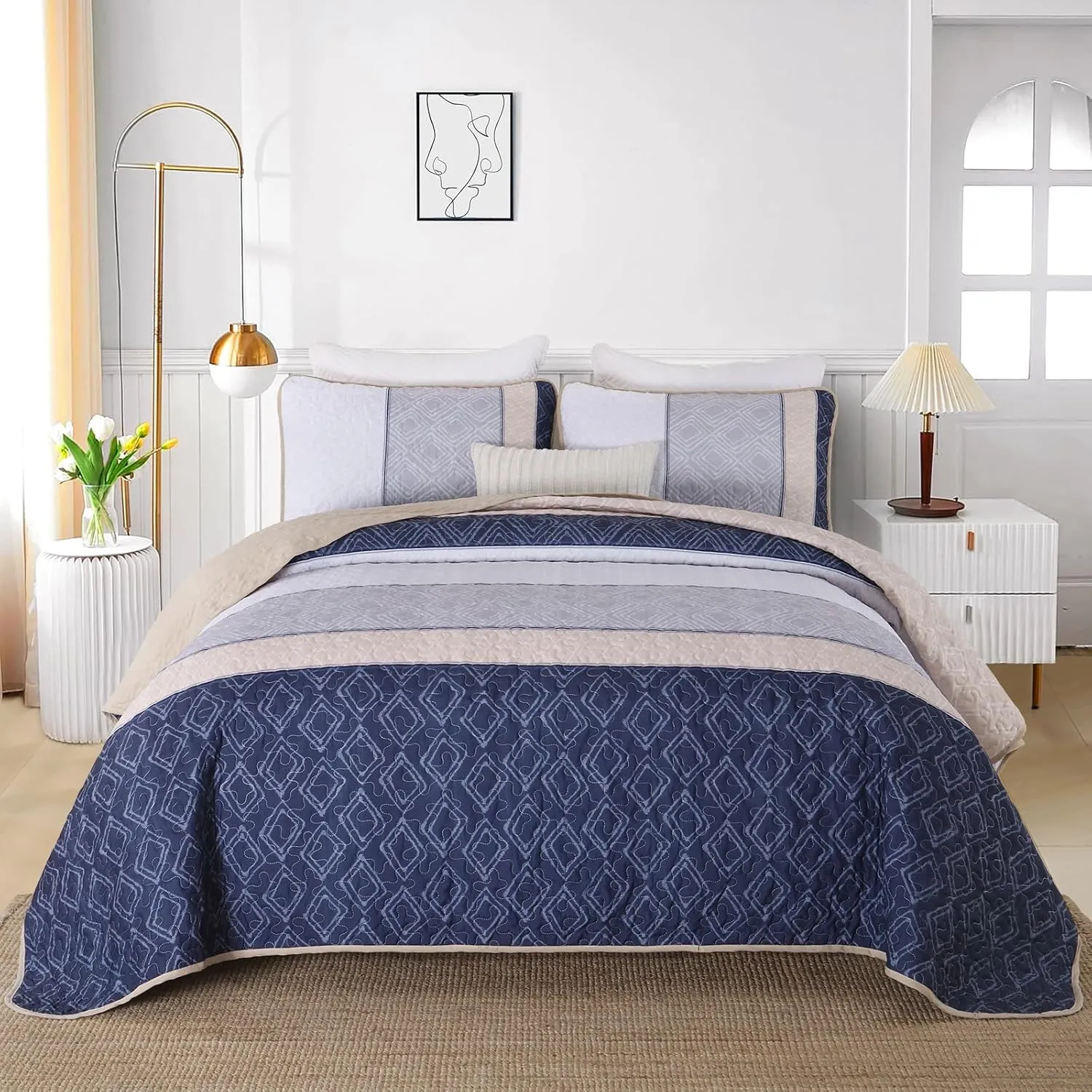 Cottolester Boho Quilt Set Queen Size 3 Pieces,Khaki and Navy Blue Striped Bedspread Coverlet Set,Bohemian Bedding Set Soft Microfiber Bedding Set for All Season 96"x90"