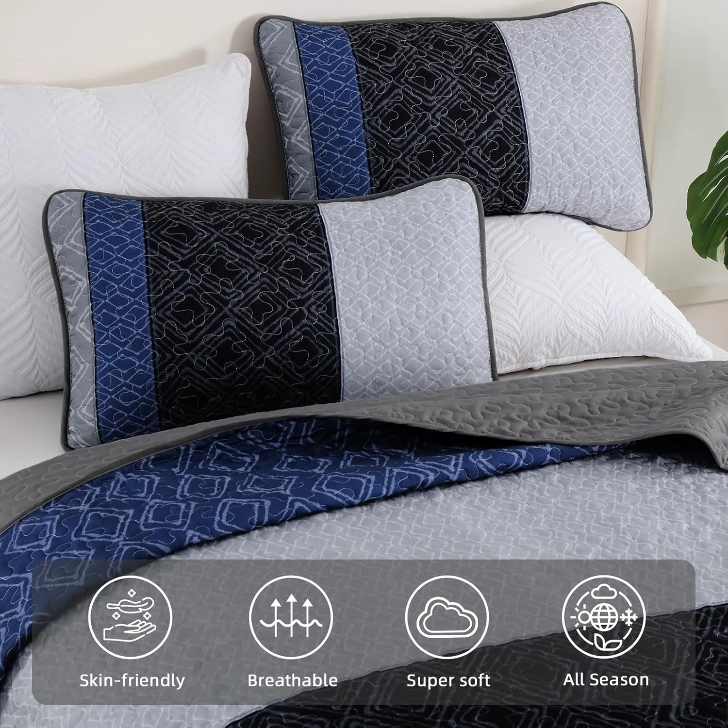 Cottolester California King Quilt Set 3 Pieces,Gray and Blue Striped Quilt Set,Boho Farmhouse Bedspread Soft Microfiber Bedding Set for All Season 112"x96"