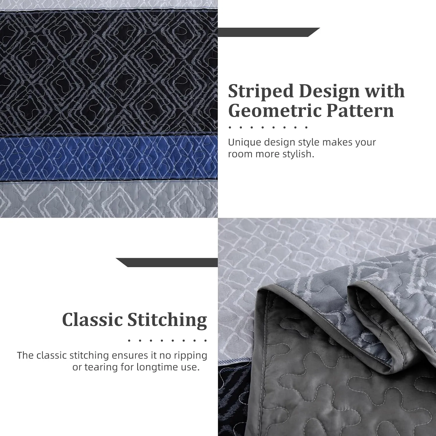 Cottolester California King Quilt Set 3 Pieces,Gray and Blue Striped Quilt Set,Boho Farmhouse Bedspread Soft Microfiber Bedding Set for All Season 112"x96"