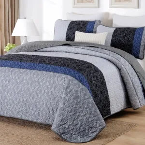 Cottolester California King Quilt Set 3 Pieces,Gray and Blue Striped Quilt Set,Boho Farmhouse Bedspread Soft Microfiber Bedding Set for All Season 112"x96"