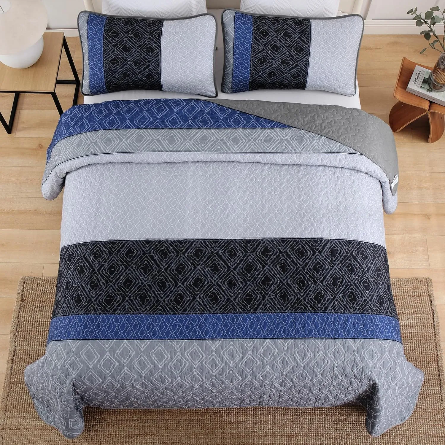 Cottolester California King Quilt Set 3 Pieces,Gray and Blue Striped Quilt Set,Boho Farmhouse Bedspread Soft Microfiber Bedding Set for All Season 112"x96"