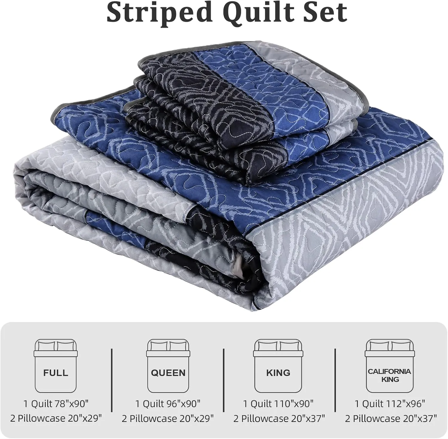 Cottolester California King Quilt Set 3 Pieces,Gray and Blue Striped Quilt Set,Boho Farmhouse Bedspread Soft Microfiber Bedding Set for All Season 112"x96"