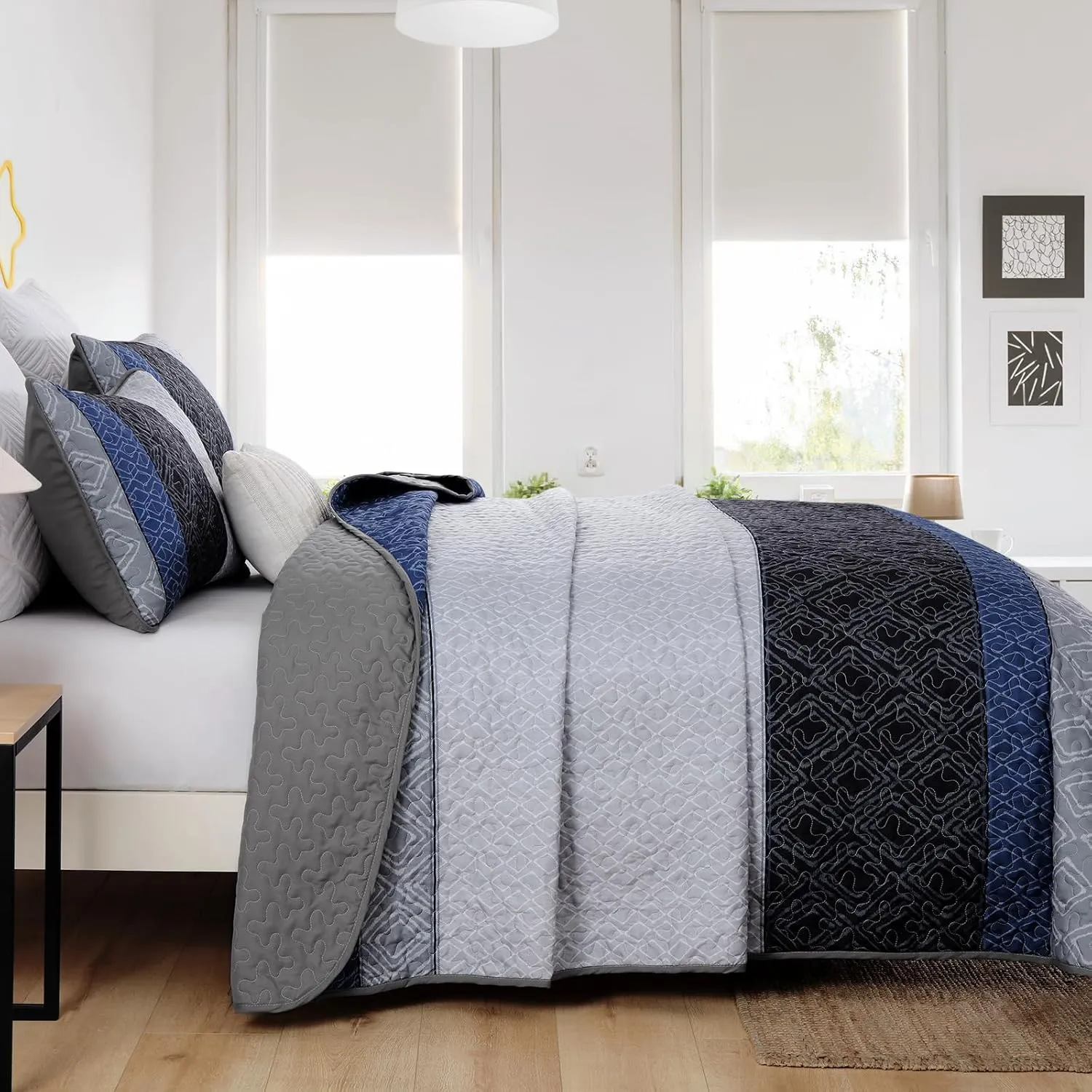 Cottolester California King Quilt Set 3 Pieces,Gray and Blue Striped Quilt Set,Boho Farmhouse Bedspread Soft Microfiber Bedding Set for All Season 112"x96"
