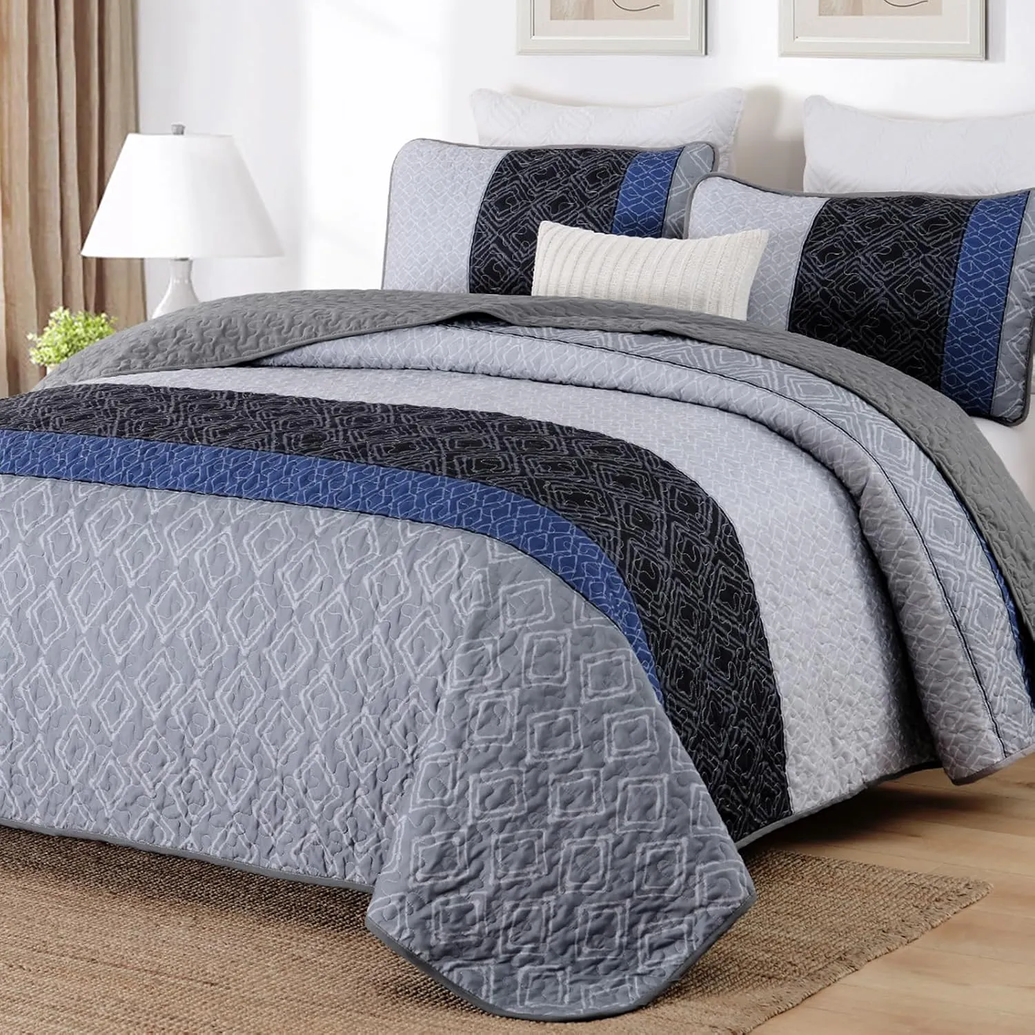 Cottolester California King Quilt Set 3 Pieces,Gray and Blue Striped Quilt Set,Boho Farmhouse Bedspread Soft Microfiber Bedding Set for All Season 112"x96"