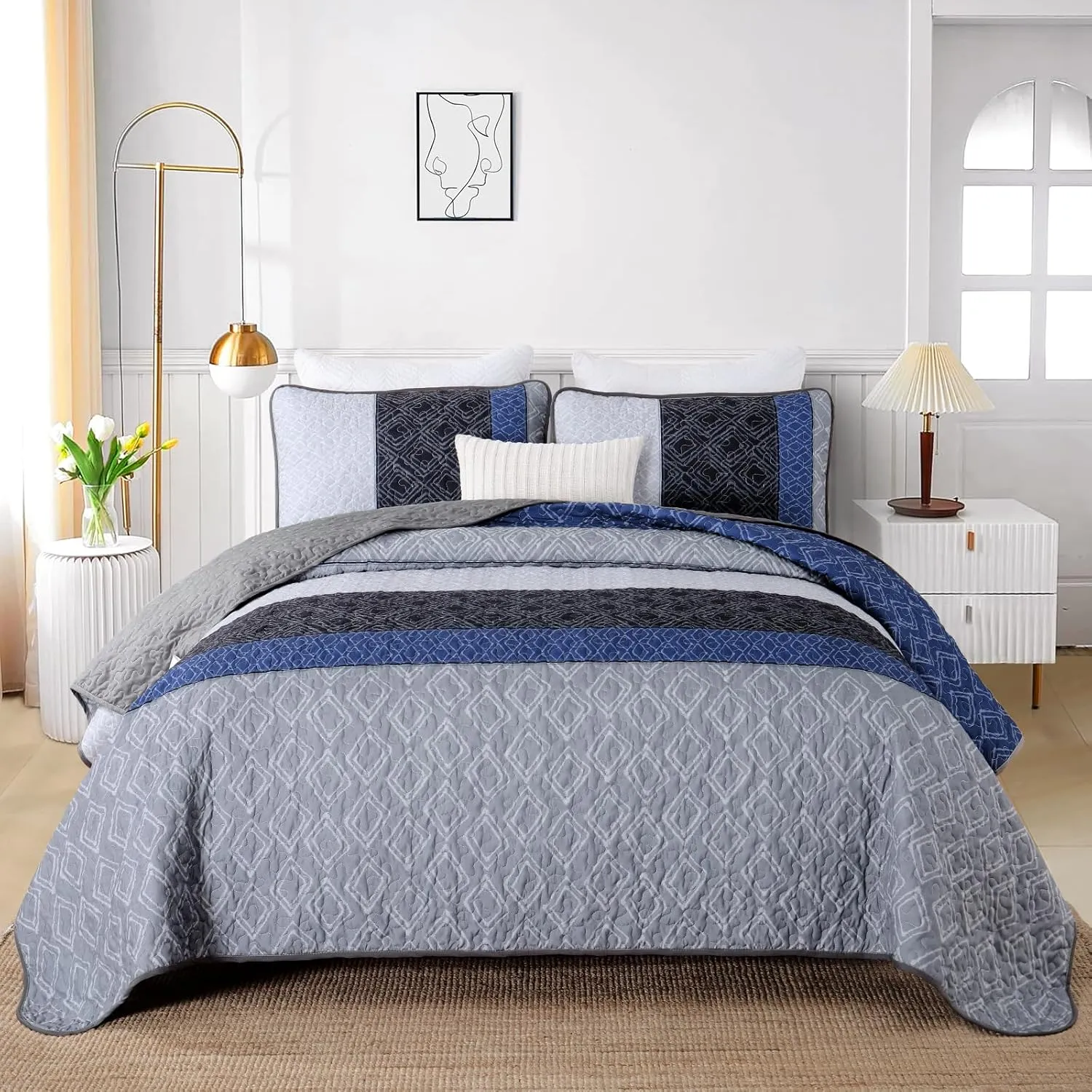 Cottolester California King Quilt Set 3 Pieces,Gray and Blue Striped Quilt Set,Boho Farmhouse Bedspread Soft Microfiber Bedding Set for All Season 112"x96"