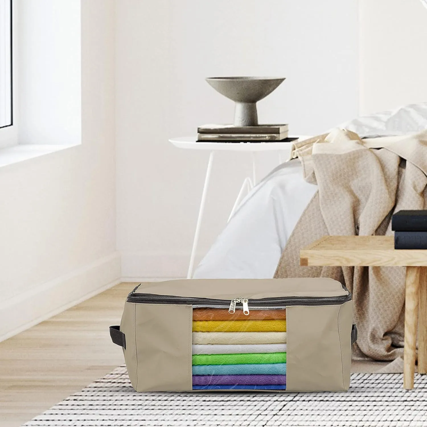Covers & All Storage Bags, 90 litres Large size Space Saver bags Heavy Duty Storage Organizer Multipurpose, 12 Oz Waterproof UV-Resistant & Tear-Proof (23"L x 17"W x 14"H Inches, Beige, Pack of 3)