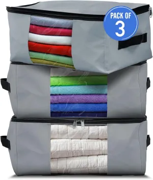 Covers & All Storage Bags, 90 litres Large size Space Saver bags Heavy Duty Storage Organizer Multipurpose, 12 Oz Waterproof UV-Resistant & Tear-Proof (23"L x 17"W x 14"H Inches, Gray, Pack of 3)