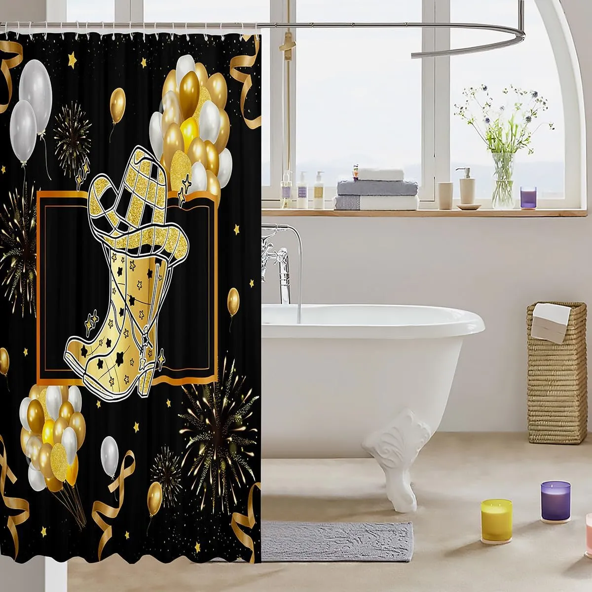 Cowgirl Hat Kids Bathroom Shower Curtain Sets Golden Boots Fabric Shower Curtain 72" W X 78" L Western Cowboy Hats Shower Curtain For Boys Girls Farmhouse Geometric Checkered Plaid Bath Curtain