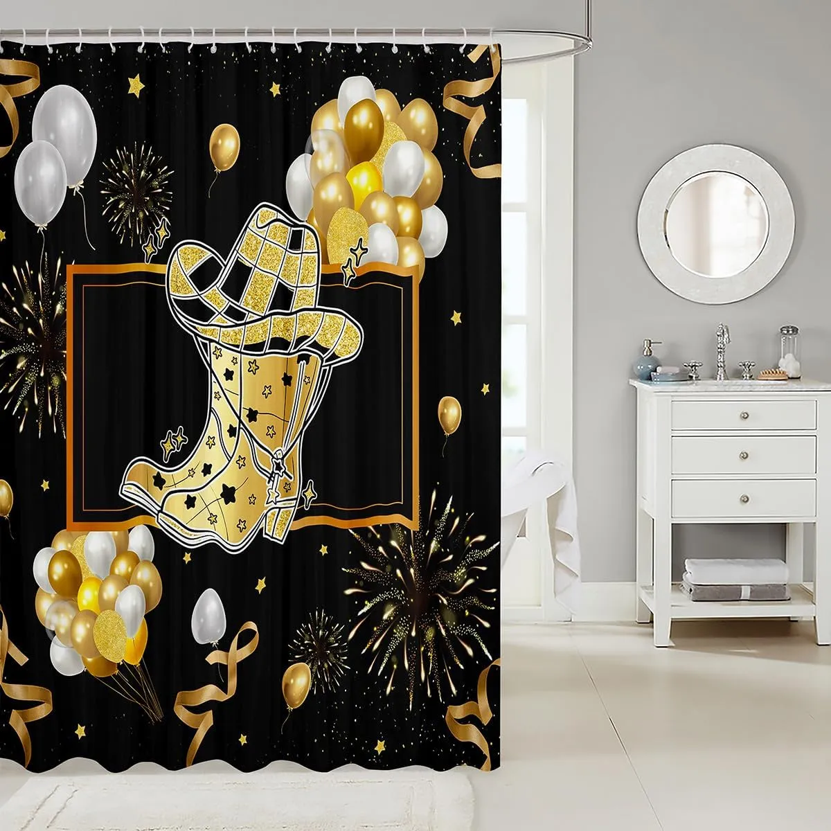 Cowgirl Hat Kids Bathroom Shower Curtain Sets Golden Boots Fabric Shower Curtain 72" W X 78" L Western Cowboy Hats Shower Curtain For Boys Girls Farmhouse Geometric Checkered Plaid Bath Curtain