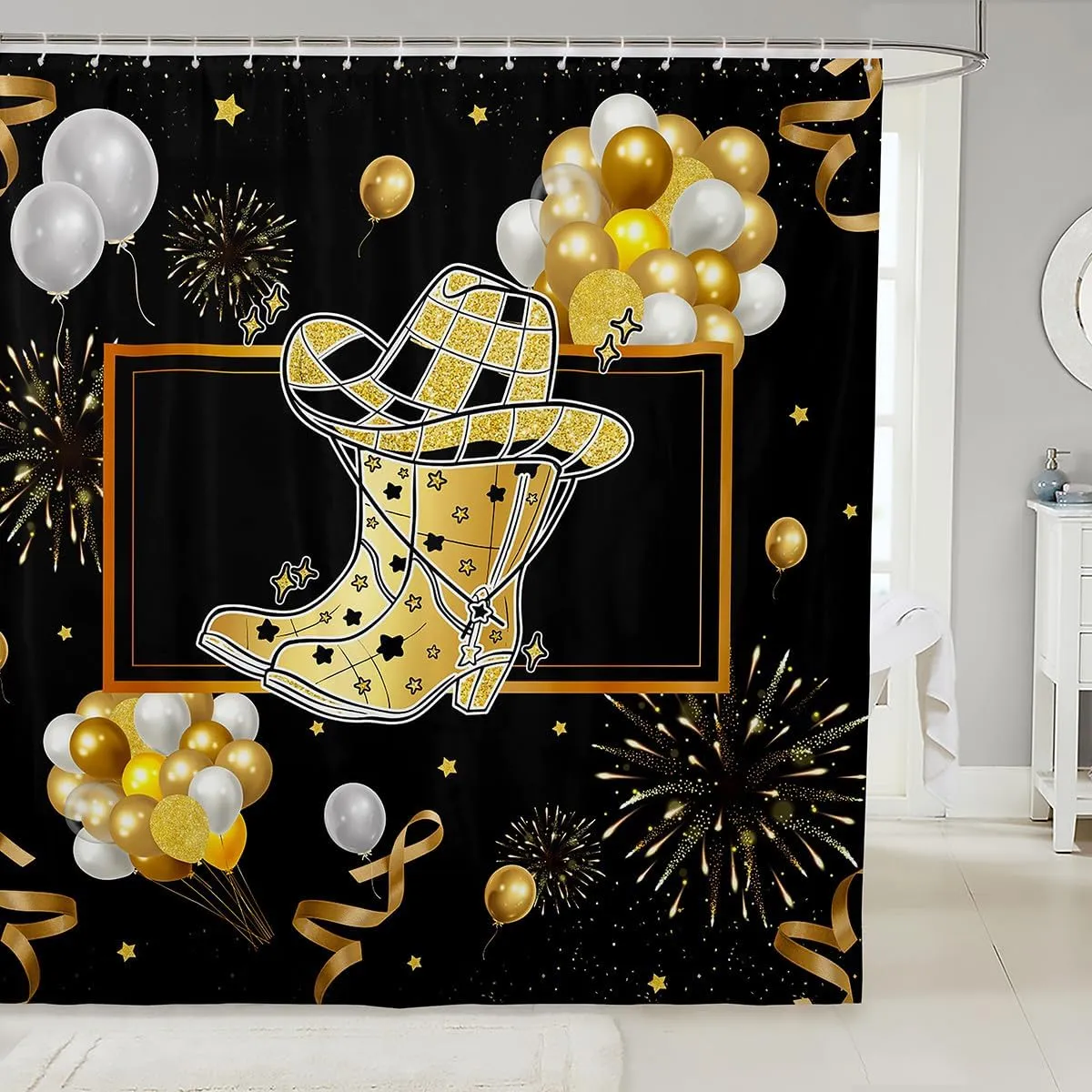Cowgirl Hat Kids Bathroom Shower Curtain Sets Golden Boots Fabric Shower Curtain 72" W X 78" L Western Cowboy Hats Shower Curtain For Boys Girls Farmhouse Geometric Checkered Plaid Bath Curtain