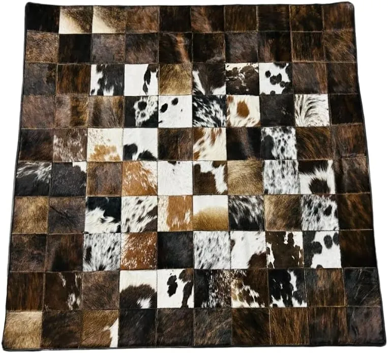 Cowhide Hair-on Patchwork Area Rug, Brown and White Pattern, Natural Leather (Multi-Colour, 4X4)
