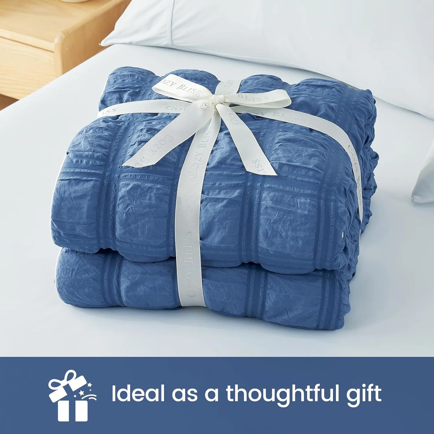 Cozy Bliss Cooling Comforter Seersucker Plaid Queen, Q-Max 0.4 Reversible Lightweight Cooling Blanket, Breathable Silk Smooth Summer Bedding Quilt for Hot Sleepers Night Sweats Denim Blue
