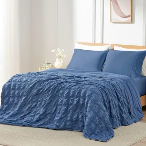 Cozy Bliss Cooling Comforter Seersucker Plaid Queen, Q-Max 0.4 Reversible Lightweight Cooling Blanket, Breathable Silk Smooth Summer Bedding Quilt for Hot Sleepers Night Sweats Denim Blue
