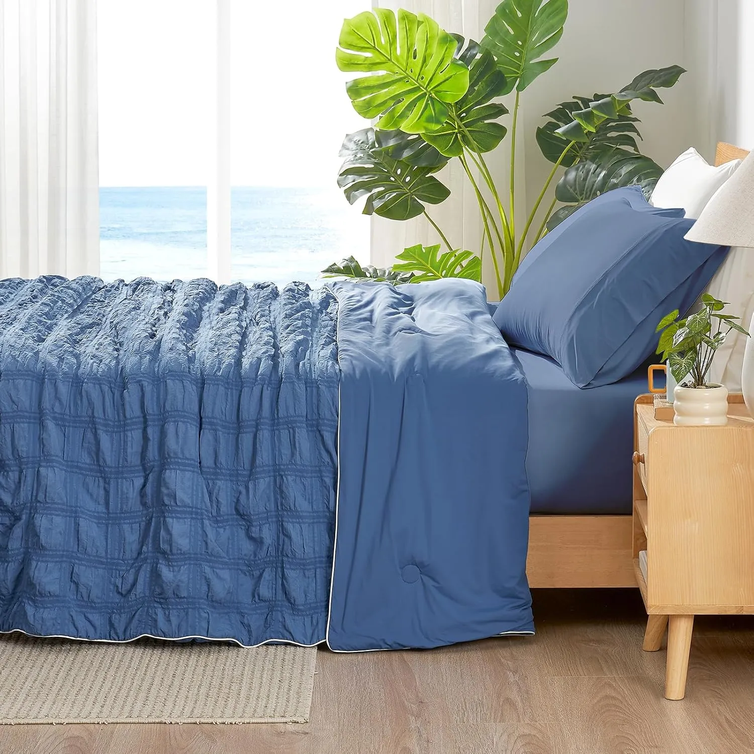 Cozy Bliss Cooling Comforter Seersucker Plaid Queen, Q-Max 0.4 Reversible Lightweight Cooling Blanket, Breathable Silk Smooth Summer Bedding Quilt for Hot Sleepers Night Sweats Denim Blue