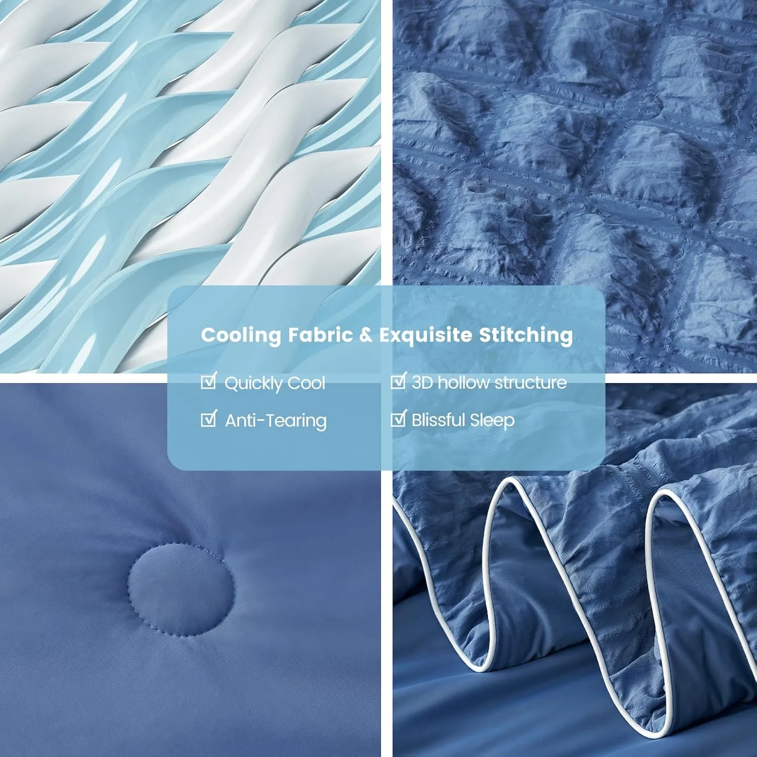 Cozy Bliss Cooling Comforter Seersucker Plaid Queen, Q-Max 0.4 Reversible Lightweight Cooling Blanket, Breathable Silk Smooth Summer Bedding Quilt for Hot Sleepers Night Sweats Denim Blue