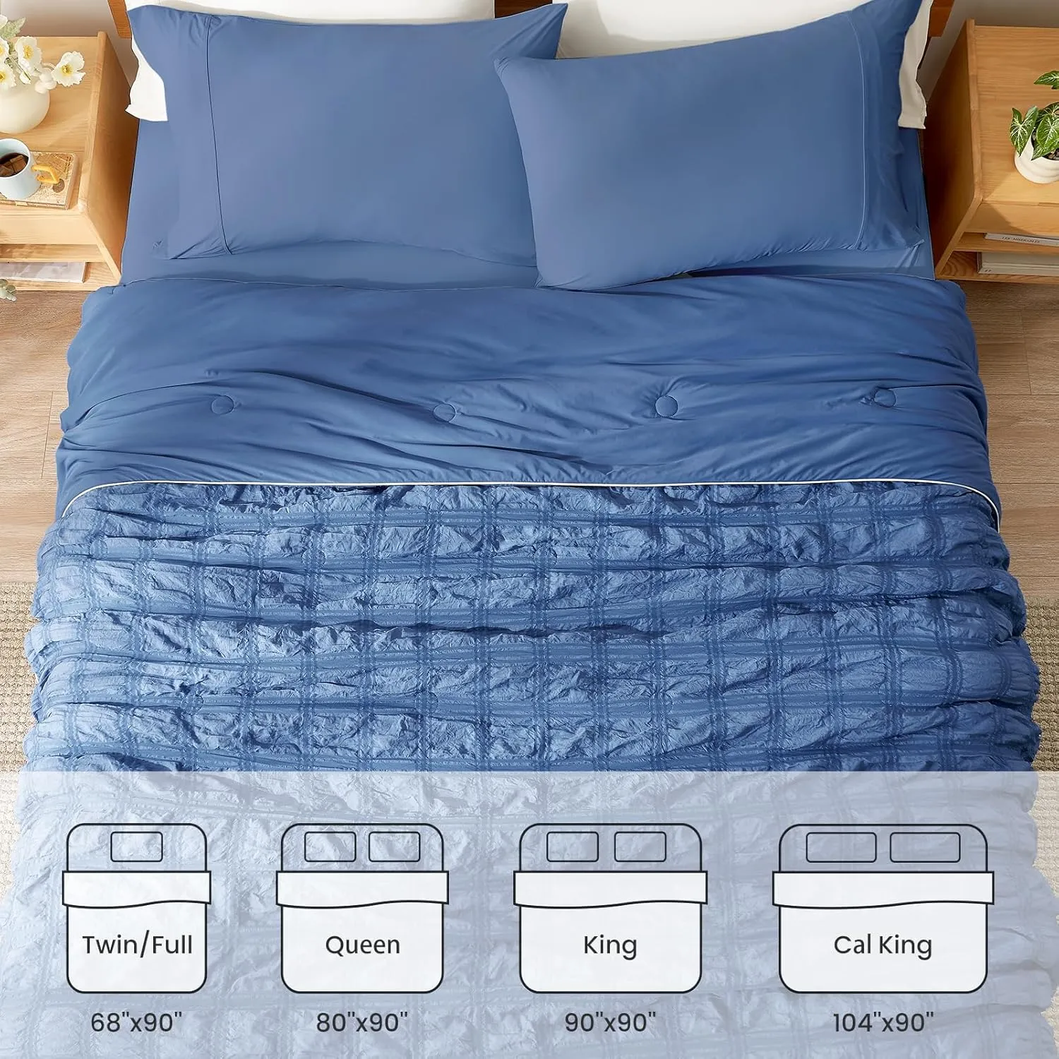 Cozy Bliss Cooling Comforter Seersucker Plaid Queen, Q-Max 0.4 Reversible Lightweight Cooling Blanket, Breathable Silk Smooth Summer Bedding Quilt for Hot Sleepers Night Sweats Denim Blue