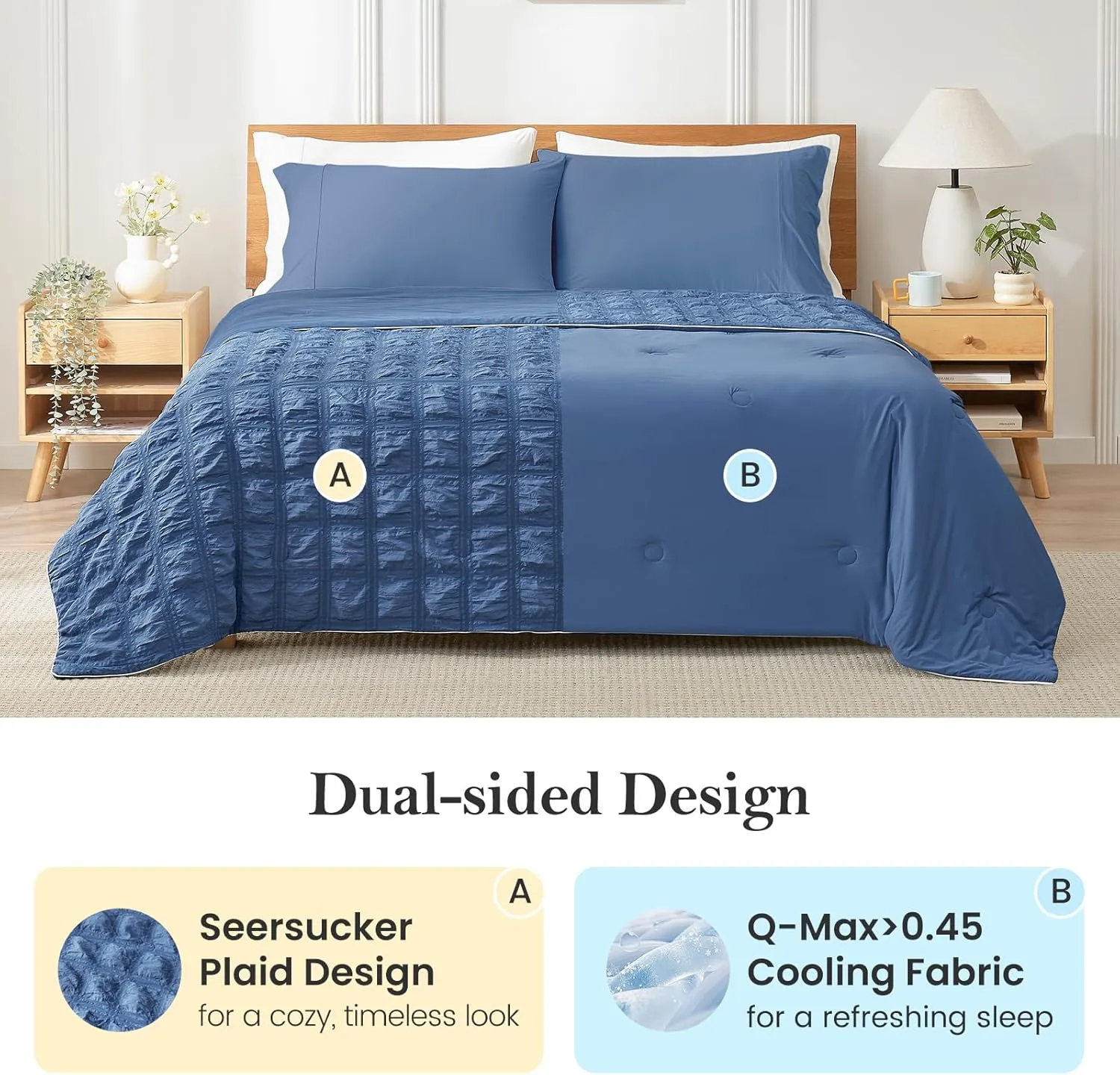 Cozy Bliss Cooling Comforter Seersucker Plaid Queen, Q-Max 0.4 Reversible Lightweight Cooling Blanket, Breathable Silk Smooth Summer Bedding Quilt for Hot Sleepers Night Sweats Denim Blue