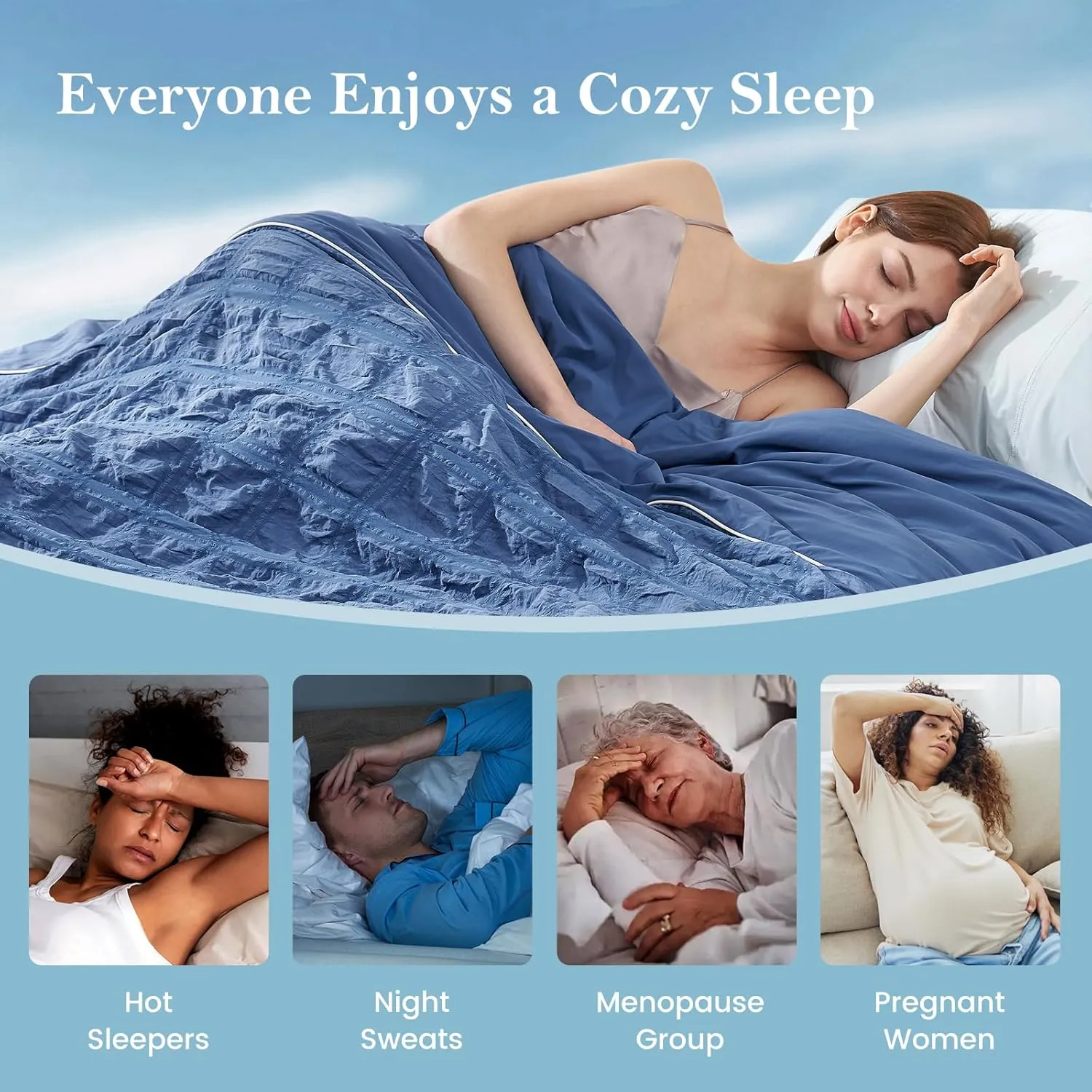 Cozy Bliss Cooling Comforter Seersucker Plaid Queen, Q-Max 0.4 Reversible Lightweight Cooling Blanket, Breathable Silk Smooth Summer Bedding Quilt for Hot Sleepers Night Sweats Denim Blue