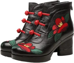 CrazycatZ Leather Ankle Boots,Women Retro Floral Leather Block Heel Ankle Embroidery Boots Colorful Boots
