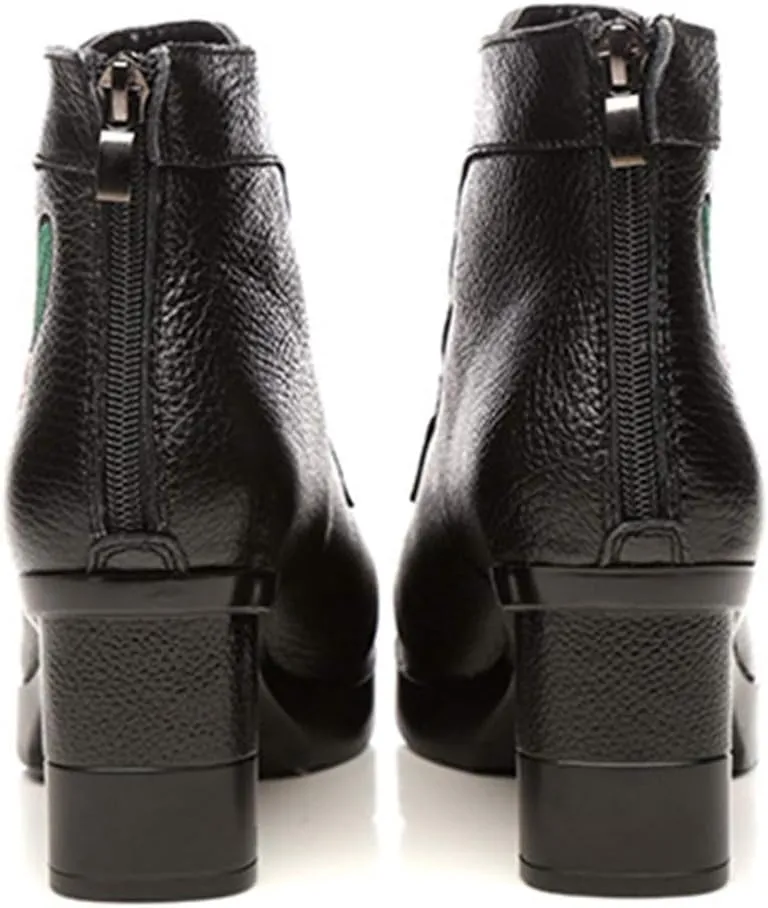 CrazycatZ Leather Ankle Boots,Women Retro Floral Leather Block Heel Ankle Embroidery Boots Colorful Boots