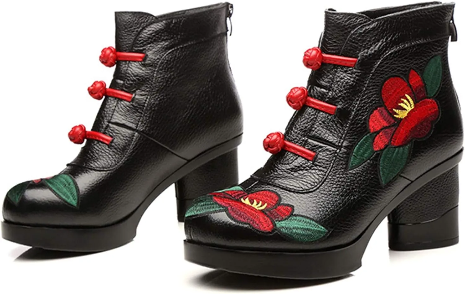 CrazycatZ Leather Ankle Boots,Women Retro Floral Leather Block Heel Ankle Embroidery Boots Colorful Boots