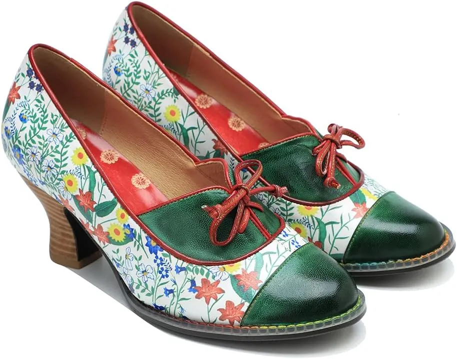 CrazycatZ Leather Mary Jane Shoes with Bow,Womens Patchword Pumps Vintage Mary Jane Shoes
