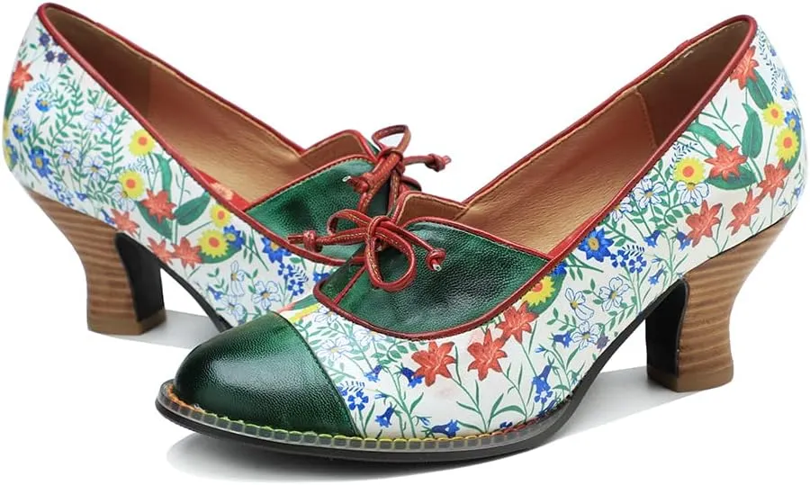 CrazycatZ Leather Mary Jane Shoes with Bow,Womens Patchword Pumps Vintage Mary Jane Shoes