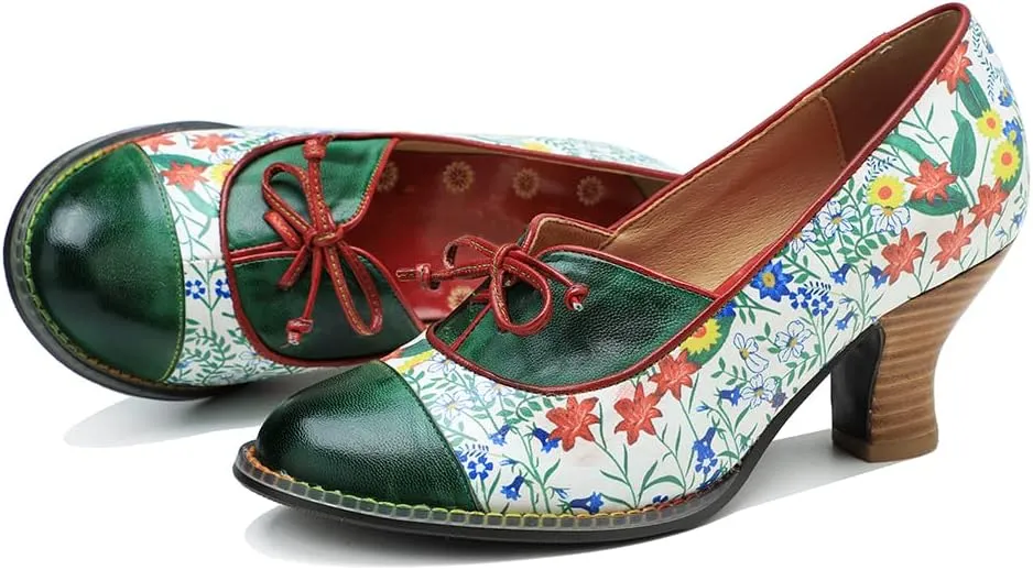CrazycatZ Leather Mary Jane Shoes with Bow,Womens Patchword Pumps Vintage Mary Jane Shoes