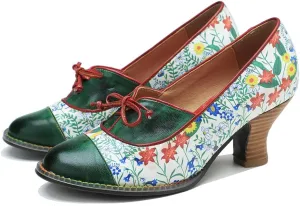 CrazycatZ Leather Mary Jane Shoes with Bow,Womens Patchword Pumps Vintage Mary Jane Shoes