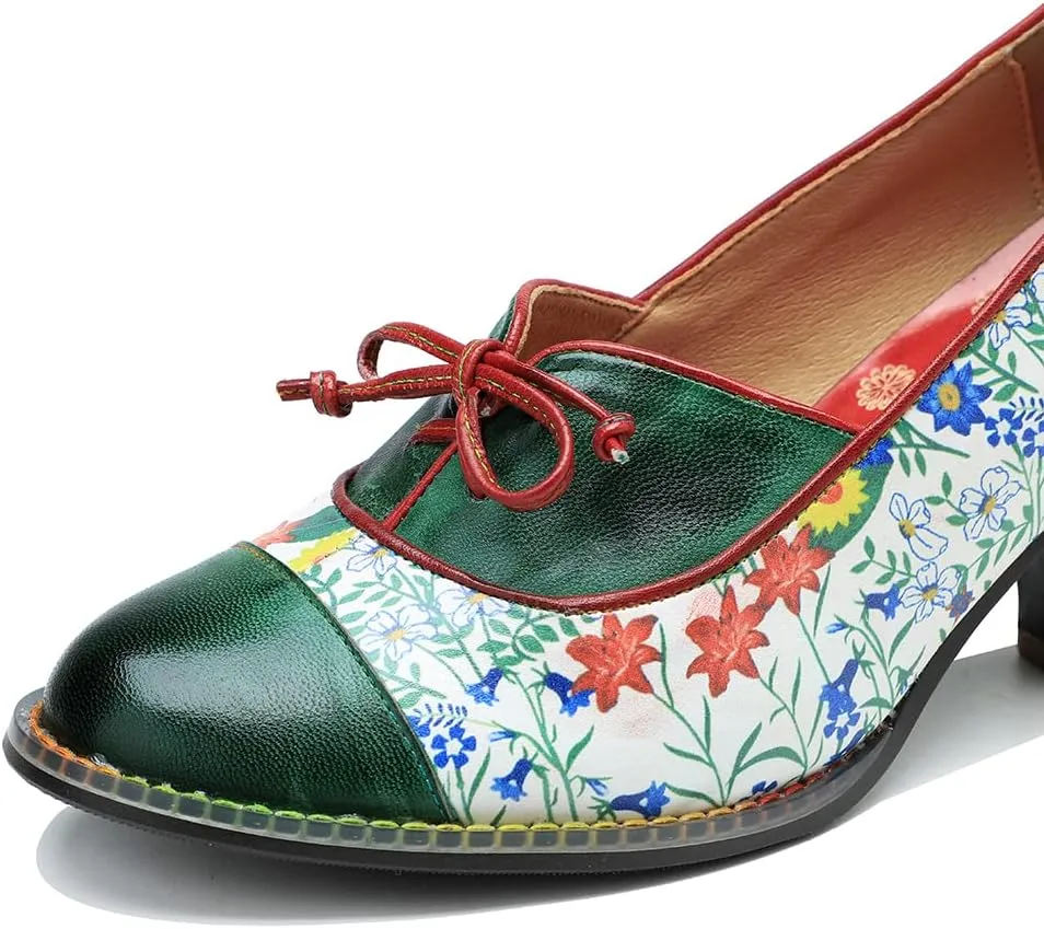 CrazycatZ Leather Mary Jane Shoes with Bow,Womens Patchword Pumps Vintage Mary Jane Shoes