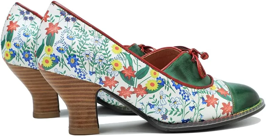CrazycatZ Leather Mary Jane Shoes with Bow,Womens Patchword Pumps Vintage Mary Jane Shoes