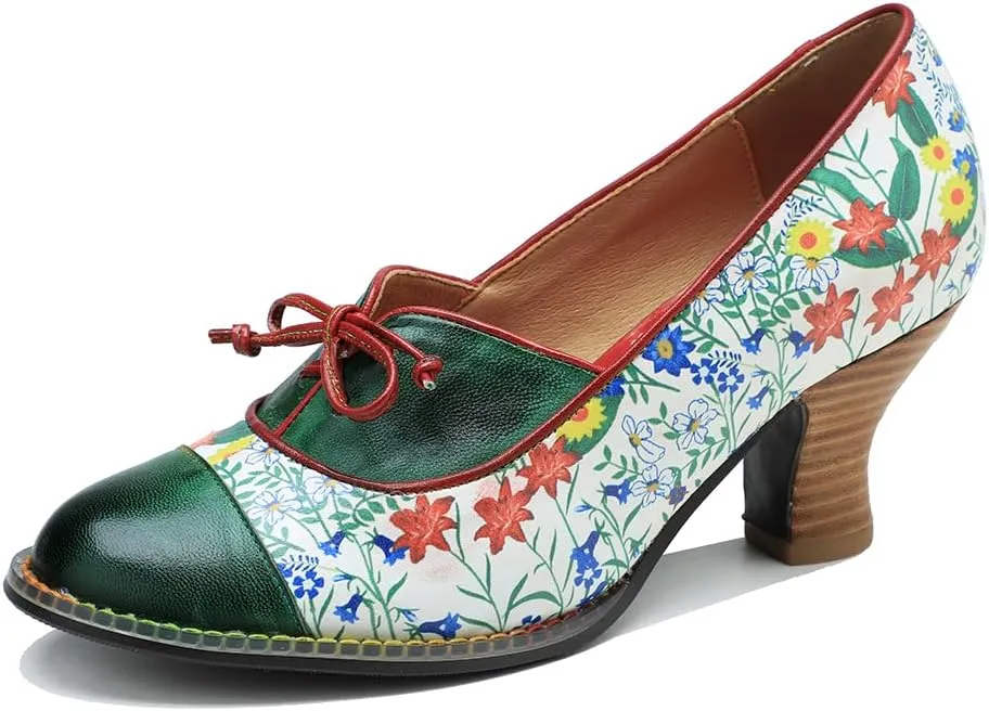 CrazycatZ Leather Mary Jane Shoes with Bow,Womens Patchword Pumps Vintage Mary Jane Shoes