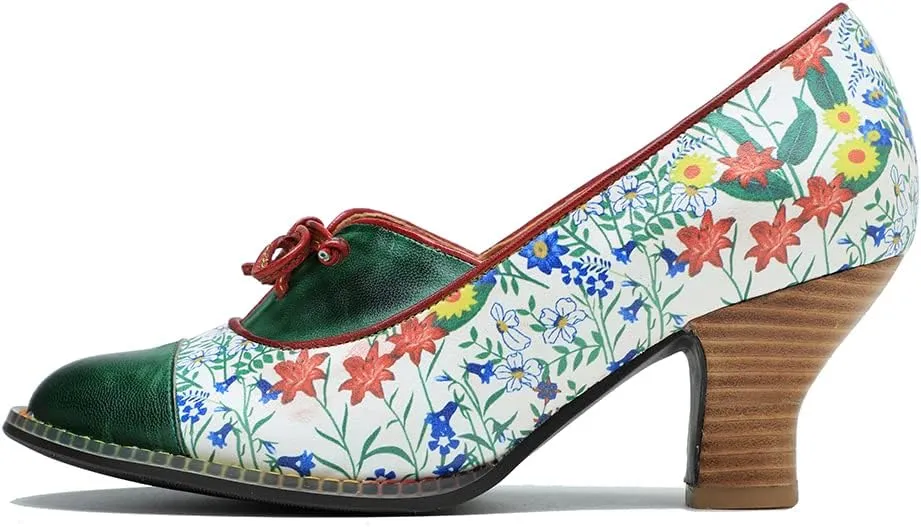 CrazycatZ Leather Mary Jane Shoes with Bow,Womens Patchword Pumps Vintage Mary Jane Shoes