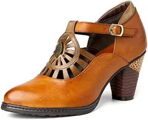 CrazycatZ Leather Mary Jane Shoes,Womens Colorful Patchword Pumps Vintage Mary Jane Shoes