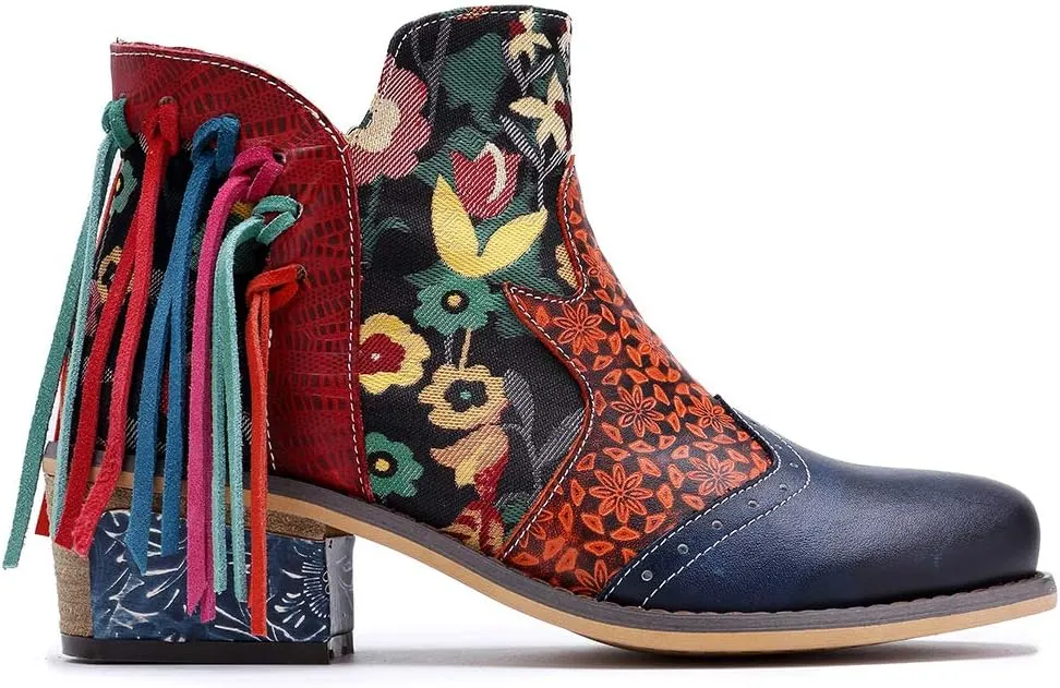 CrazycatZ Women's Leather Ankle Booties, Bohemian Pattern Short Boots Flower Splicing Pattern Handmade Vintage Shoes Exotic Booties