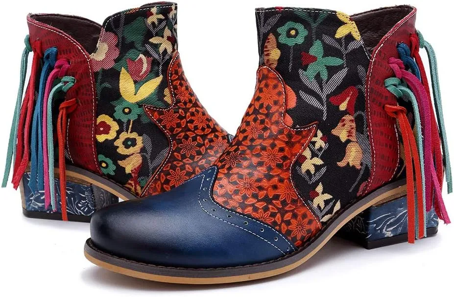 CrazycatZ Women's Leather Ankle Booties, Bohemian Pattern Short Boots Flower Splicing Pattern Handmade Vintage Shoes Exotic Booties