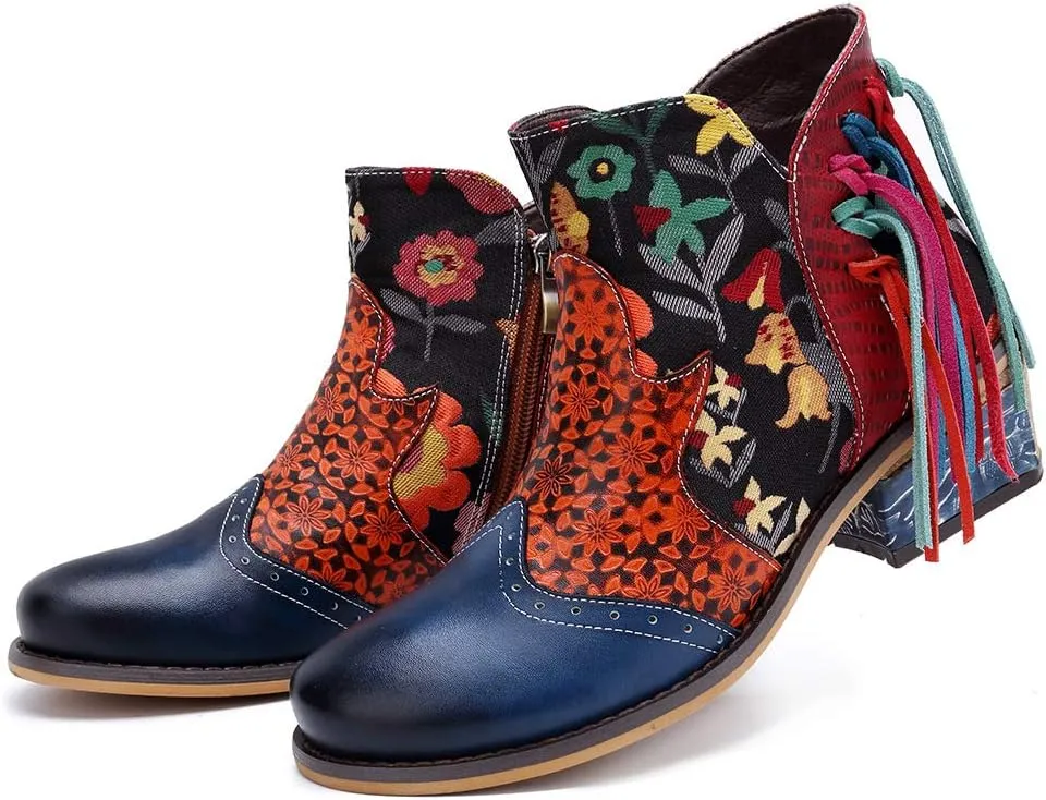 CrazycatZ Women's Leather Ankle Booties, Bohemian Pattern Short Boots Flower Splicing Pattern Handmade Vintage Shoes Exotic Booties