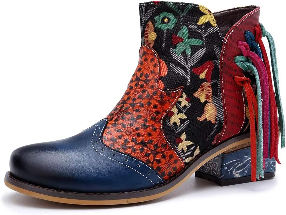 CrazycatZ Women's Leather Ankle Booties, Bohemian Pattern Short Boots Flower Splicing Pattern Handmade Vintage Shoes Exotic Booties