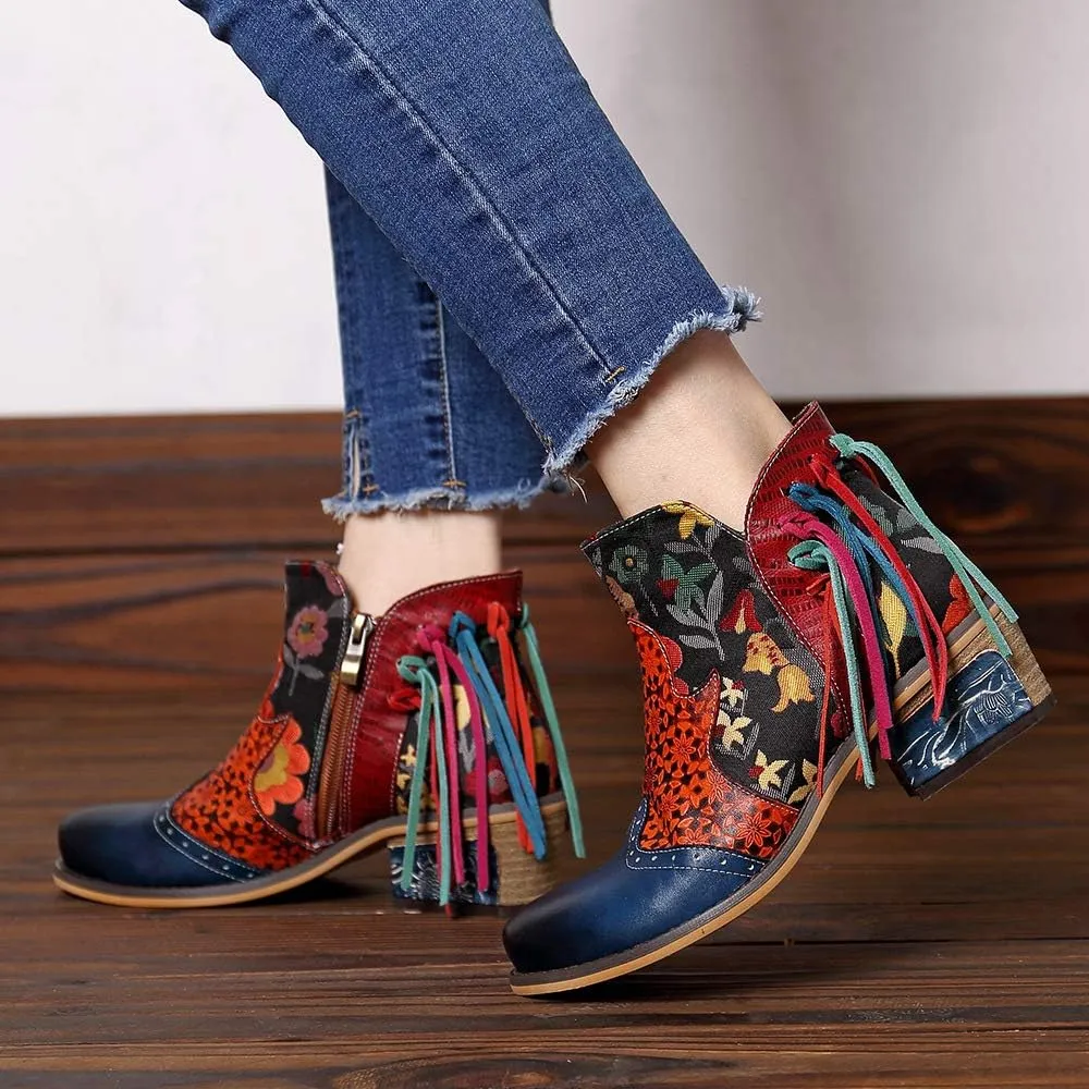 CrazycatZ Women's Leather Ankle Booties, Bohemian Pattern Short Boots Flower Splicing Pattern Handmade Vintage Shoes Exotic Booties