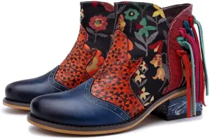 CrazycatZ Women's Leather Ankle Booties, Bohemian Pattern Short Boots Flower Splicing Pattern Handmade Vintage Shoes Exotic Booties
