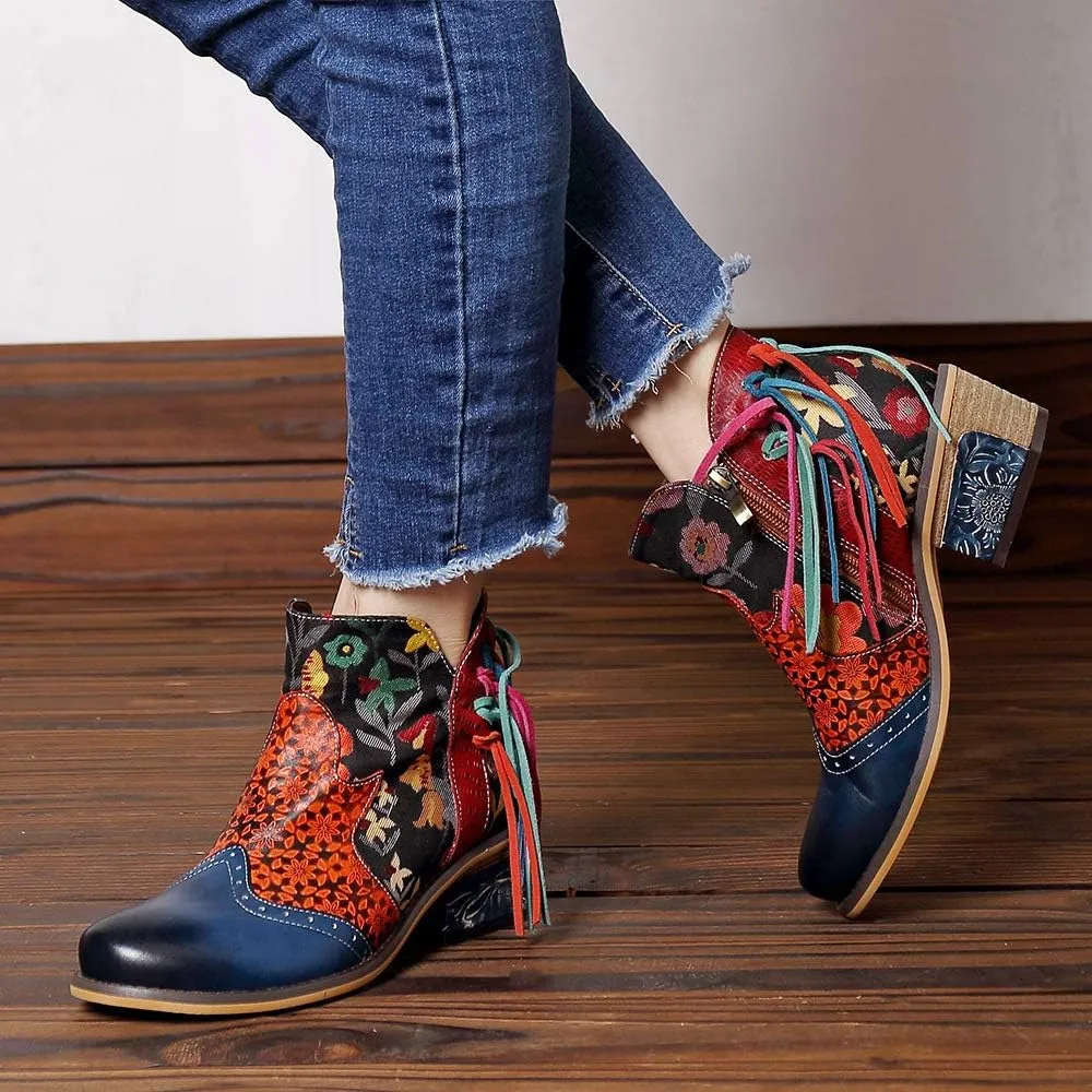 CrazycatZ Women's Leather Ankle Booties, Bohemian Pattern Short Boots Flower Splicing Pattern Handmade Vintage Shoes Exotic Booties