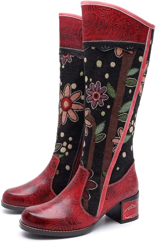 CrazycatZ Womens Leather Bohemian Knee High Boots Block Heel Tall Bootie Exotic Pattern