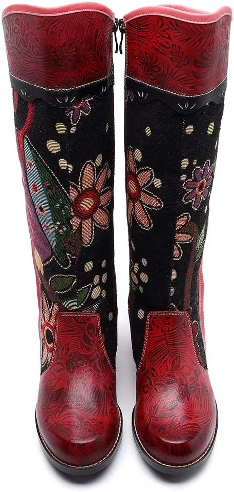 CrazycatZ Womens Leather Bohemian Knee High Boots Block Heel Tall Bootie Exotic Pattern