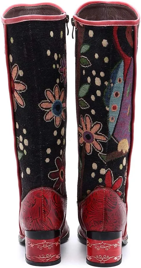 CrazycatZ Womens Leather Bohemian Knee High Boots Block Heel Tall Bootie Exotic Pattern